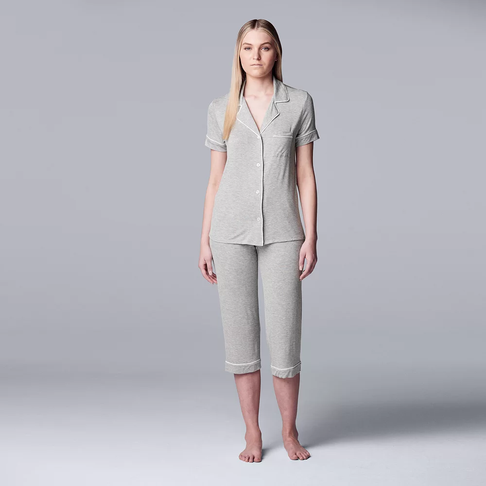 Women's Simply Vera Vera Wang Basic Luxury Notch Collar Pajama Shirt & Pajama Capris Set 3 Women's Simply Vera Vera Wang Basic Luxury Notch Collar Pajama Shirt & Pajama Capris Set