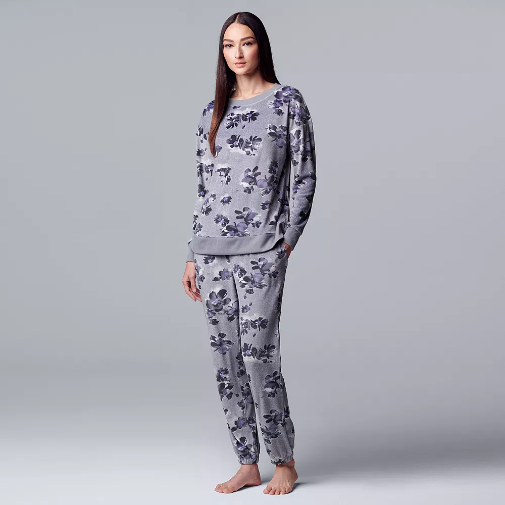 Women's Simply Vera Vera Wang Velour Pajama Top and Banded Bottom Pajama Pants Sleep Set 3 Women's Simply Vera Vera Wang Velour Pajama Top and Banded Bottom Pajama Pants Sleep Set