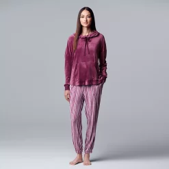 Women's Simply Vera Vera Wang Velour Hooded Pajama Top and Banded Bottom Pajama Pants Sleep Set 9 Women's Simply Vera Vera Wang Velour Hooded Pajama Top and Banded Bottom Pajama Pants Sleep Set -SIMPLY VERA VERA WANG Sales 5005135 Plum Stripe