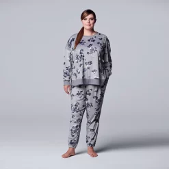Plus Size Simply Vera Vera Wang Velour Pajama Top and Banded Bottom Pajama Pants -SIMPLY VERA VERA WANG Sales 5005141 Gray Floral
