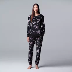 Petite Simply Vera Vera Wang Velour Pajama Top and Banded Bottom Pajama Pants Sleep Set -SIMPLY VERA VERA WANG Sales 5005145 Black Floral