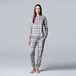 Petite Simply Vera Vera Wang Velour Pajama Top and Banded Bottom Pajama Pants Sleep Set -SIMPLY VERA VERA WANG Sales 5005145 Pink Plaid