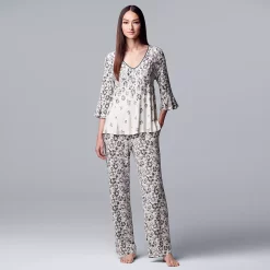 Women's Simply Vera Vera Wang 3/4 Sleeve Pajama Top & Pajama Pants Set -SIMPLY VERA VERA WANG Sales 5047902 Ivory Animal