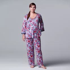 Plus Size Simply Vera Vera Wang 3/4 Sleeve Pajama Top & Pajama Pants Set -SIMPLY VERA VERA WANG Sales 5047909 Lt Blue Floral
