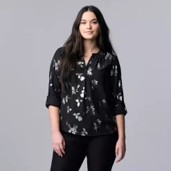 Women's Simply Vera Vera Wang Roll-Tab Sleeve Popover Blouse -SIMPLY VERA VERA WANG Sales 5561929 Gunmetal Foil Floral