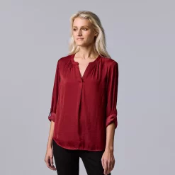 Women's Simply Vera Vera Wang Roll-Tab Sleeve Popover Blouse -SIMPLY VERA VERA WANG Sales 5561929 Wine Allure