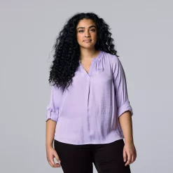 Plus Size Simply Vera Vera Wang Roll-Tab Popover Top -SIMPLY VERA VERA WANG Sales 5564678 Megan Purple
