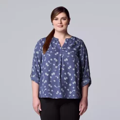 Plus Size Simply Vera Vera Wang Roll-Tab Popover Top -SIMPLY VERA VERA WANG Sales 5564678 Scattered Petals