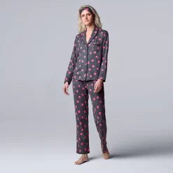 Women's Simply Vera Vera Wang Cozy 3-pc. Long Sleeve Pajama Set & Matching Headband -SIMPLY VERA VERA WANG Sales 5582800 Charcoal Polka Dot