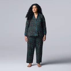 Plus Size Simply Vera Vera Wang Cozy 3-pc. Long Sleeve Pajama Shirt, Pajama Pants & Matching Headband Sleep Set -SIMPLY VERA VERA WANG Sales 5582802 Black Dot