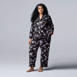 Plus Size Simply Vera Vera Wang Cozy 3-pc. Long Sleeve Pajama Shirt, Pajama Pants & Matching Headband Sleep Set -SIMPLY VERA VERA WANG Sales 5582802 Black Floral