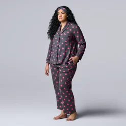 Plus Size Simply Vera Vera Wang Cozy 3-pc. Long Sleeve Pajama Shirt, Pajama Pants & Matching Headband Sleep Set -SIMPLY VERA VERA WANG Sales 5582802 Charcoal Polka Dot