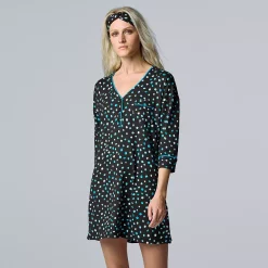 Women's Simply Vera Vera Wang 3/4 Sleeve Cozy Henley Sleepshirt with Matching Headband -SIMPLY VERA VERA WANG Sales 5582805 Black Dot