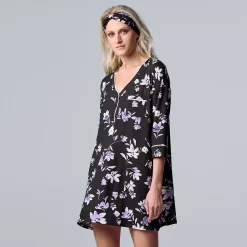 Women's Simply Vera Vera Wang 3/4 Sleeve Cozy Henley Sleepshirt with Matching Headband -SIMPLY VERA VERA WANG Sales 5582805 Black Floral