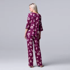 Women's Simply Vera Vera Wang 3/4 Sleeve Pajama Top and Pajama Pants Sleep Set with Satin Trim -SIMPLY VERA VERA WANG Sales 5588962 ALT