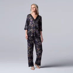 Women's Simply Vera Vera Wang 3/4 Sleeve Pajama Top and Pajama Pants Sleep Set with Satin Trim