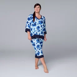 Plus Size Simply Vera Vera Wang 3/4 Sleeve Pajama Top and Capri Pajama Pants Sleep Set -SIMPLY VERA VERA WANG Sales 5809676 Blue Floral