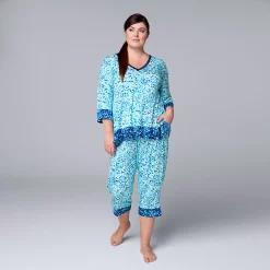 Plus Size Simply Vera Vera Wang 3/4 Sleeve Pajama Top and Capri Pajama Pants Sleep Set
