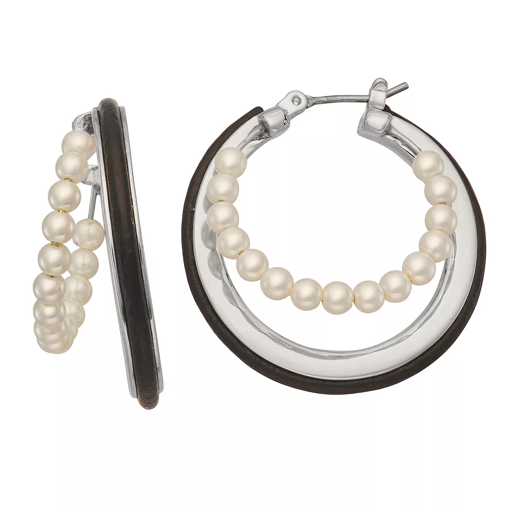 Simply Vera Vera Wang Silver Tone Simulated Pearl & Leather Layered Hoop Earrings 3 Simply Vera Vera Wang Silver Tone Simulated Pearl & Leather Layered Hoop Earrings